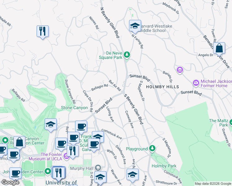 map of restaurants, bars, coffee shops, grocery stores, and more near 101 Bel Air Road in Los Angeles