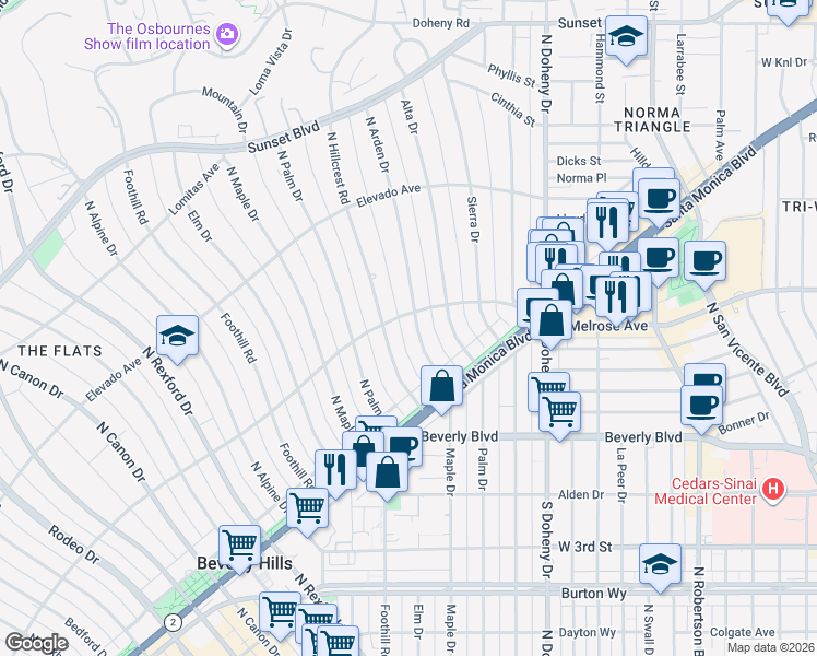map of restaurants, bars, coffee shops, grocery stores, and more near 525 North Arden Drive in Beverly Hills