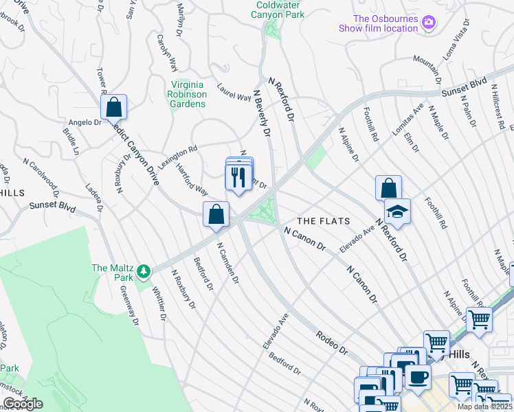 map of restaurants, bars, coffee shops, grocery stores, and more near 107 Sunset Boulevard in Beverly Hills