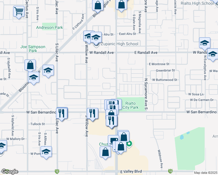 map of restaurants, bars, coffee shops, grocery stores, and more near 1108 South Riverside Avenue in Rialto