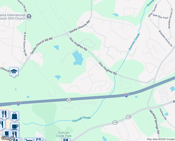 map of restaurants, bars, coffee shops, grocery stores, and more near 4202 Rovello Way Northeast in Buford