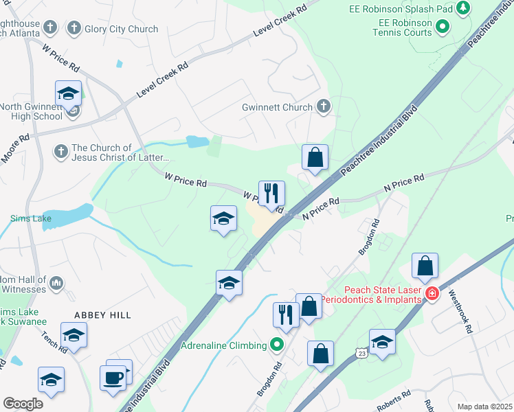 map of restaurants, bars, coffee shops, grocery stores, and more near 4534 West Price Road in Sugar Hill