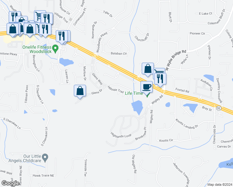 map of restaurants, bars, coffee shops, grocery stores, and more near 608 Tall Timbers in Woodstock