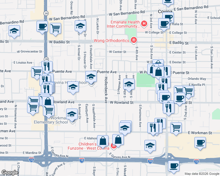 map of restaurants, bars, coffee shops, grocery stores, and more near 467 West Casad Street in Covina