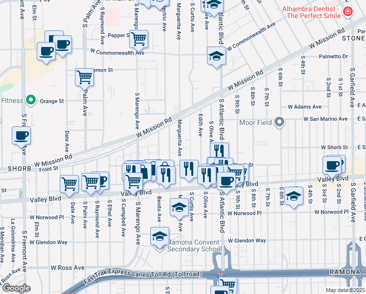 map of restaurants, bars, coffee shops, grocery stores, and more near 1000 South Marguerita Avenue in Alhambra