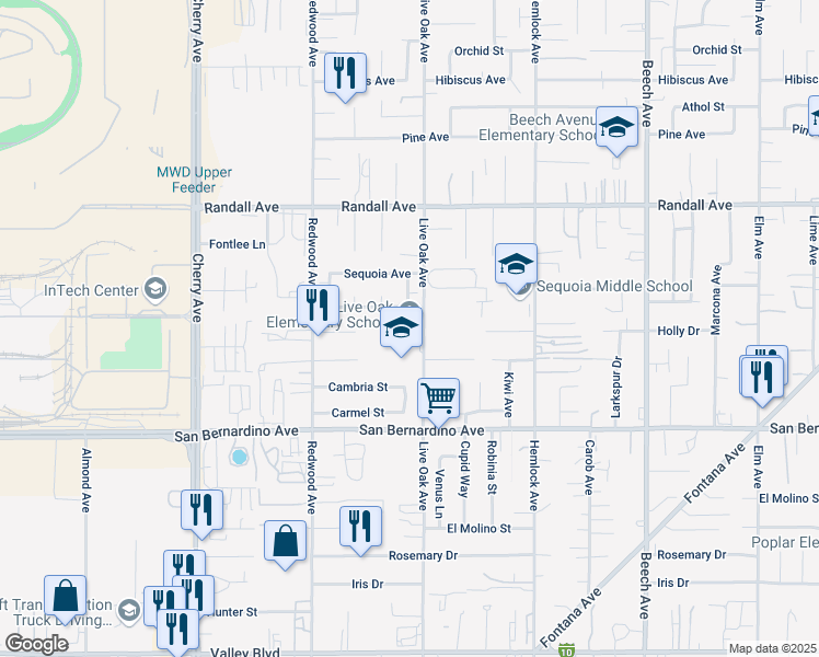 map of restaurants, bars, coffee shops, grocery stores, and more near 9522 Live Oak Avenue in Fontana