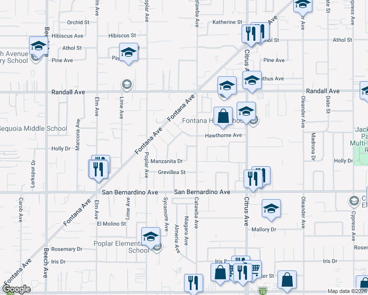 map of restaurants, bars, coffee shops, grocery stores, and more near 9570 Niagara Drive in Fontana