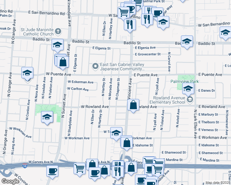 map of restaurants, bars, coffee shops, grocery stores, and more near 1031 West Swanee Lane in West Covina