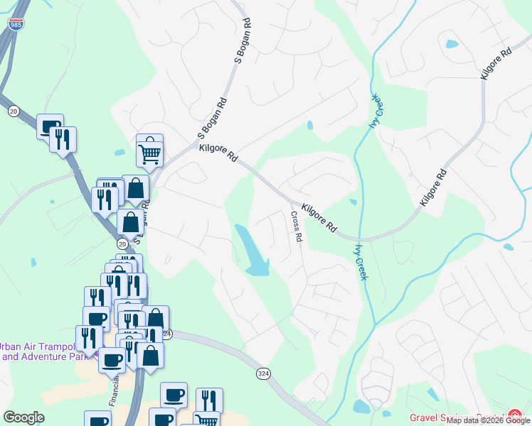 map of restaurants, bars, coffee shops, grocery stores, and more near 3673 Fallen Oak Drive in Buford