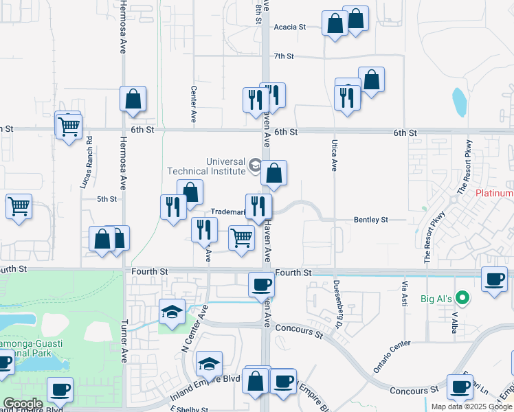 map of restaurants, bars, coffee shops, grocery stores, and more near 9500 Haven Avenue in Rancho Cucamonga