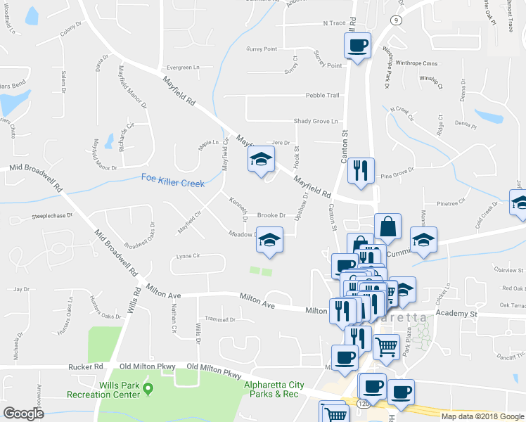 map of restaurants, bars, coffee shops, grocery stores, and more near 221 Brooke Drive in Alpharetta