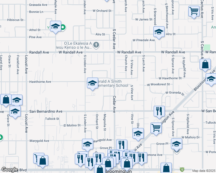 map of restaurants, bars, coffee shops, grocery stores, and more near 18655 Hawthorne Avenue in Bloomington