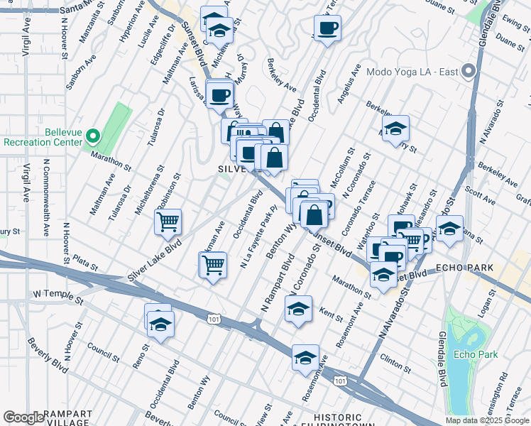 map of restaurants, bars, coffee shops, grocery stores, and more near 843 North La Fayette Park Place in Los Angeles