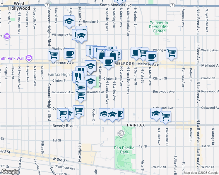 map of restaurants, bars, coffee shops, grocery stores, and more near 545 North Spaulding Avenue in Los Angeles