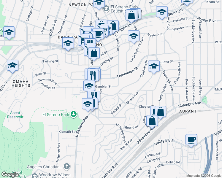 map of restaurants, bars, coffee shops, grocery stores, and more near 4926 Templeton Street in Los Angeles