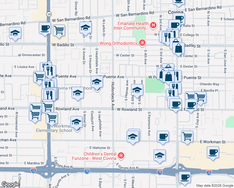 map of restaurants, bars, coffee shops, grocery stores, and more near 467 West Casad Street in Covina