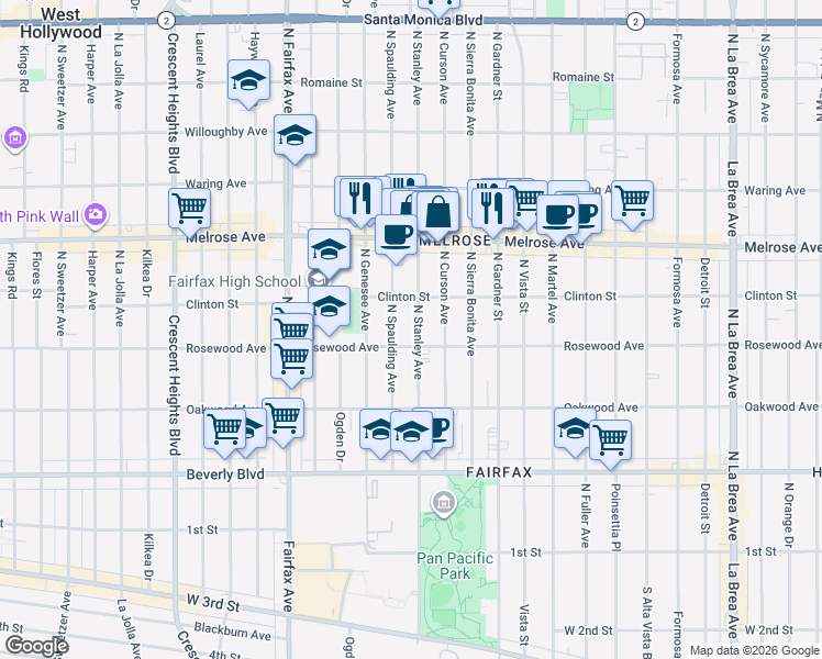 map of restaurants, bars, coffee shops, grocery stores, and more near 517 North Stanley Avenue in Los Angeles