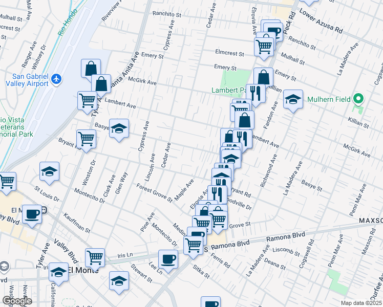 map of restaurants, bars, coffee shops, grocery stores, and more near 11402 Basye Street in El Monte