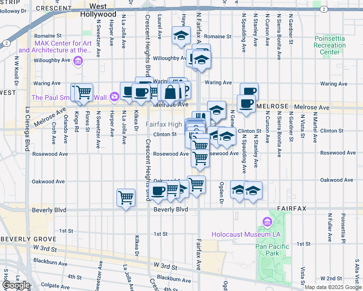 map of restaurants, bars, coffee shops, grocery stores, and more near 548 North Edinburgh Avenue in Los Angeles