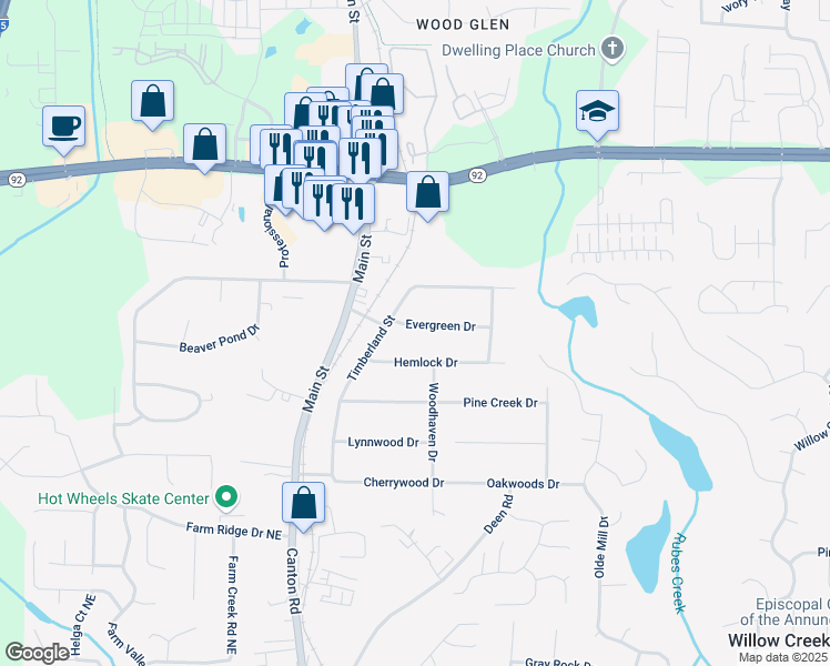 map of restaurants, bars, coffee shops, grocery stores, and more near 606 Evergreen Drive in Woodstock