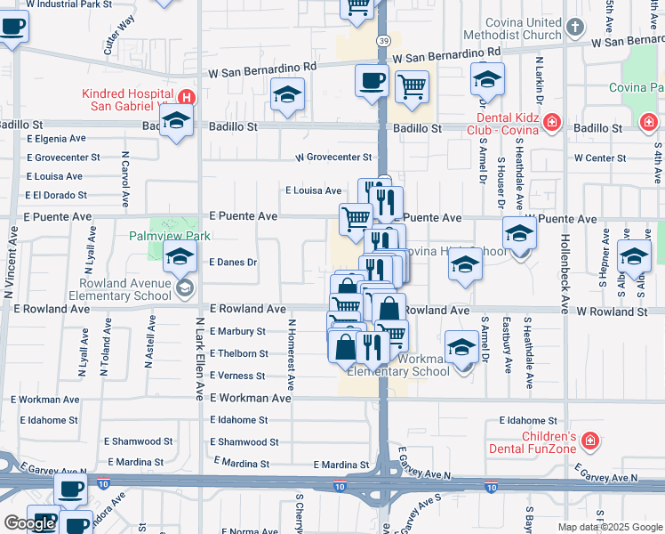 map of restaurants, bars, coffee shops, grocery stores, and more near 1653 Rosewell Road in West Covina
