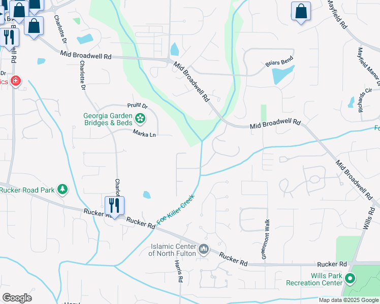 map of restaurants, bars, coffee shops, grocery stores, and more near 1690 Harvest Lane in Alpharetta