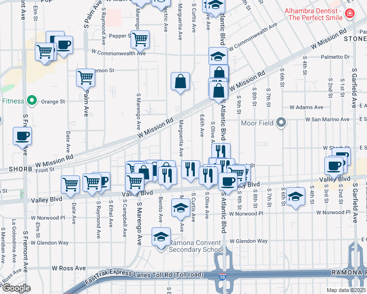 map of restaurants, bars, coffee shops, grocery stores, and more near 920 Marguerita Avenue in Alhambra