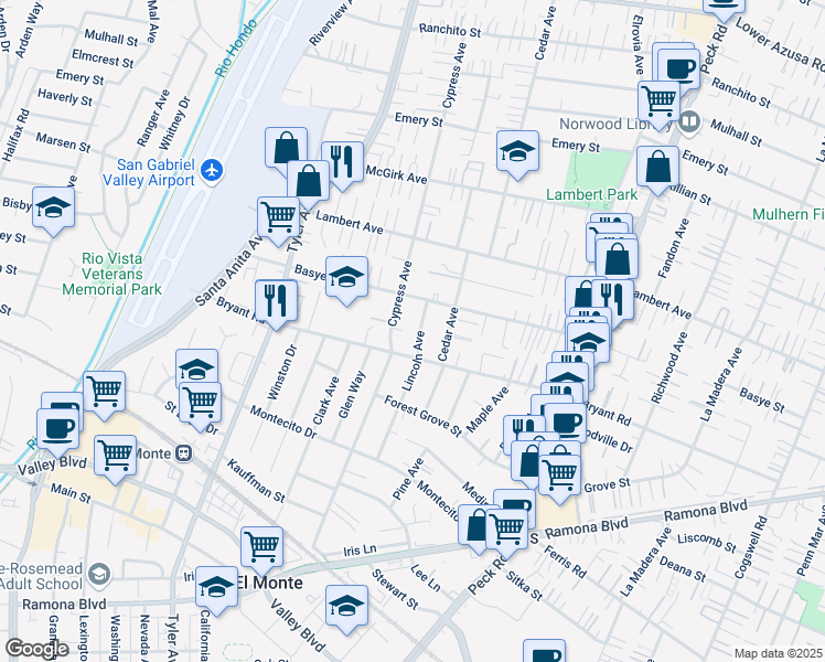 map of restaurants, bars, coffee shops, grocery stores, and more near 4162 Lincoln Avenue in El Monte