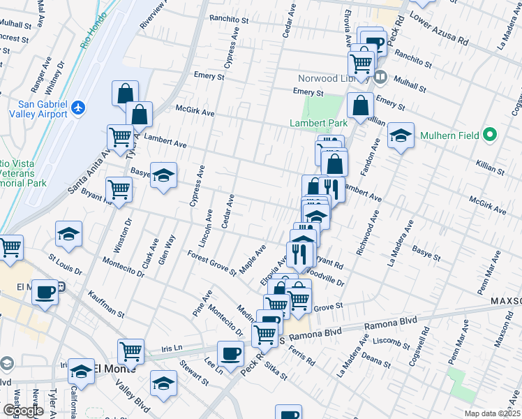 map of restaurants, bars, coffee shops, grocery stores, and more near 11402 Basye Street in El Monte