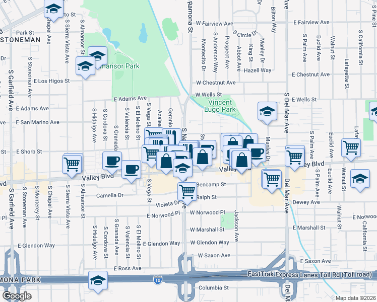 map of restaurants, bars, coffee shops, grocery stores, and more near 1532 South New Avenue in San Gabriel