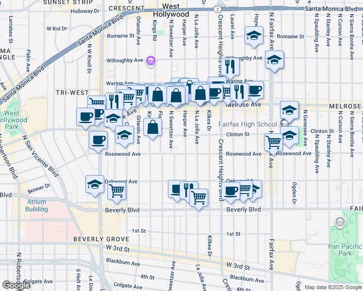 map of restaurants, bars, coffee shops, grocery stores, and more near 523 North Harper Avenue in Los Angeles