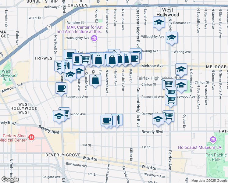 map of restaurants, bars, coffee shops, grocery stores, and more near 523 North Harper Avenue in Los Angeles