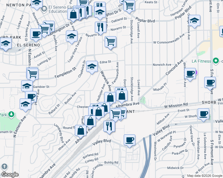 map of restaurants, bars, coffee shops, grocery stores, and more near 3046 Hollister Avenue in Los Angeles
