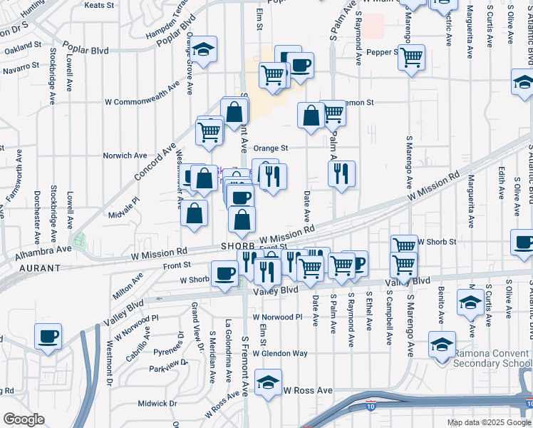 map of restaurants, bars, coffee shops, grocery stores, and more near 1000 Fremont Avenue in Alhambra