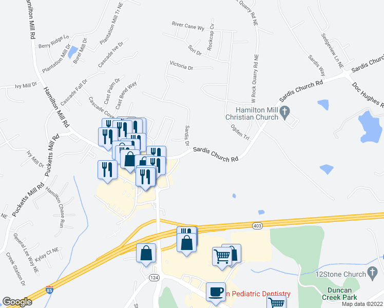 map of restaurants, bars, coffee shops, grocery stores, and more near 3587 Sardis Church Road in Buford