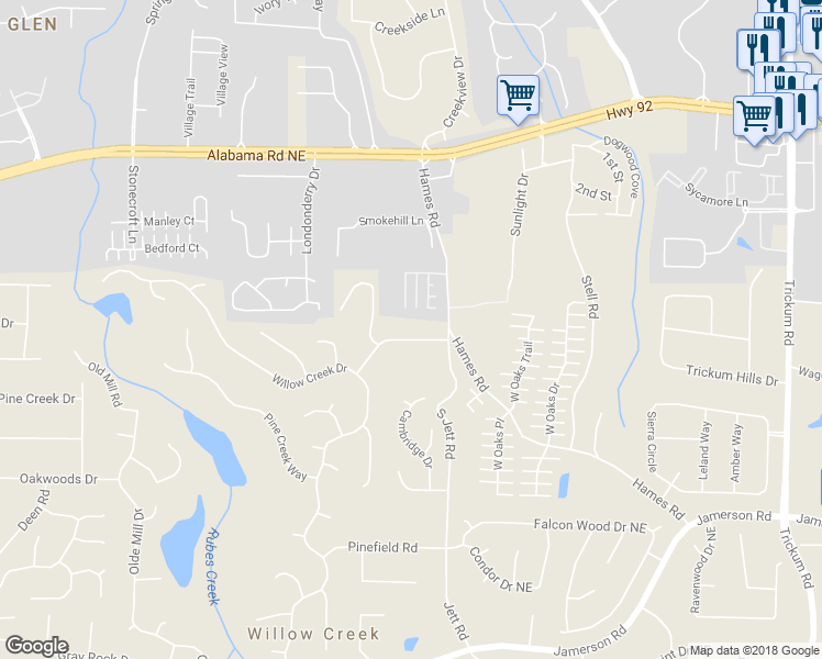 map of restaurants, bars, coffee shops, grocery stores, and more near 5217 Willow Creek Overlook in Woodstock