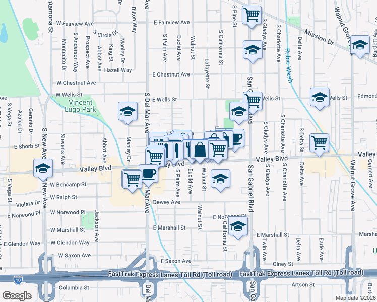 map of restaurants, bars, coffee shops, grocery stores, and more near 1517 Euclid Avenue in San Gabriel