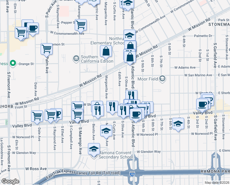 map of restaurants, bars, coffee shops, grocery stores, and more near 921 Edith Avenue in Alhambra