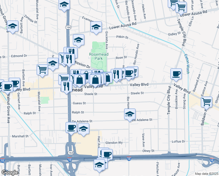 map of restaurants, bars, coffee shops, grocery stores, and more near 9300 East Valley Boulevard in Rosemead