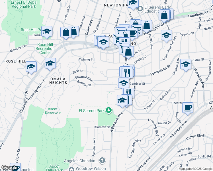 map of restaurants, bars, coffee shops, grocery stores, and more near 2931 Paola Avenue in Los Angeles