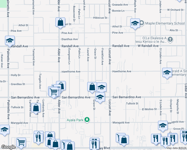 map of restaurants, bars, coffee shops, grocery stores, and more near 9490 Grace Street in Fontana