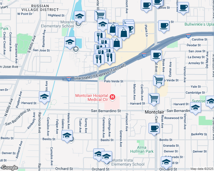 map of restaurants, bars, coffee shops, grocery stores, and more near 4936 Palo Verde Street in Montclair