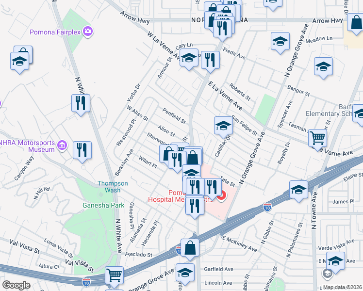 map of restaurants, bars, coffee shops, grocery stores, and more near in Pomona