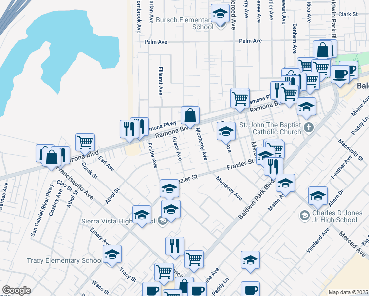 map of restaurants, bars, coffee shops, grocery stores, and more near 13508 Ramona Boulevard in Baldwin Park
