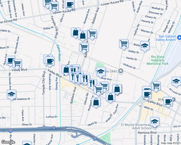 map of restaurants, bars, coffee shops, grocery stores, and more near 4120 Shirley Avenue in El Monte