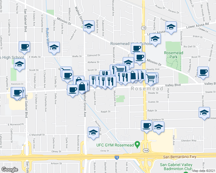 map of restaurants, bars, coffee shops, grocery stores, and more near 8761 Valley Boulevard in Rosemead