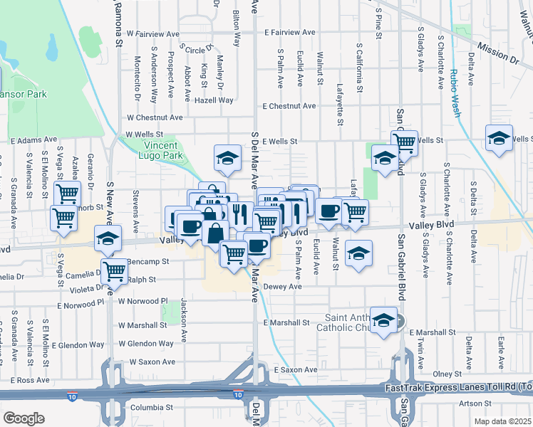 map of restaurants, bars, coffee shops, grocery stores, and more near 1516 Del Mar Avenue in San Gabriel