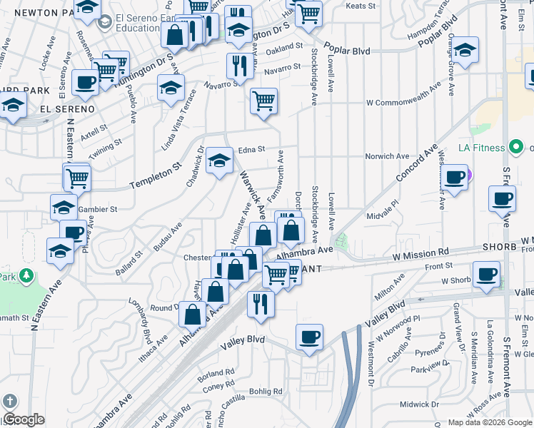 map of restaurants, bars, coffee shops, grocery stores, and more near 3046 Hollister Avenue in Los Angeles