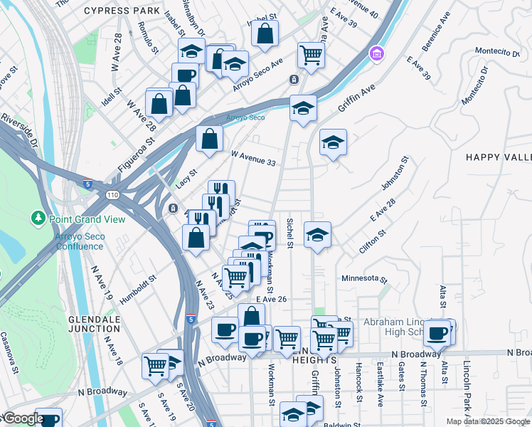map of restaurants, bars, coffee shops, grocery stores, and more near 125 West Avenue 31 in Los Angeles
