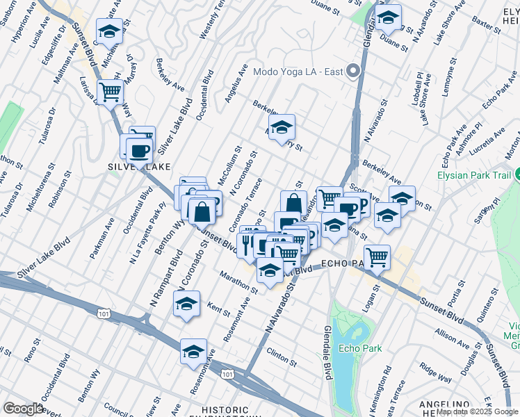 map of restaurants, bars, coffee shops, grocery stores, and more near 1330 Coronado Terrace in Los Angeles